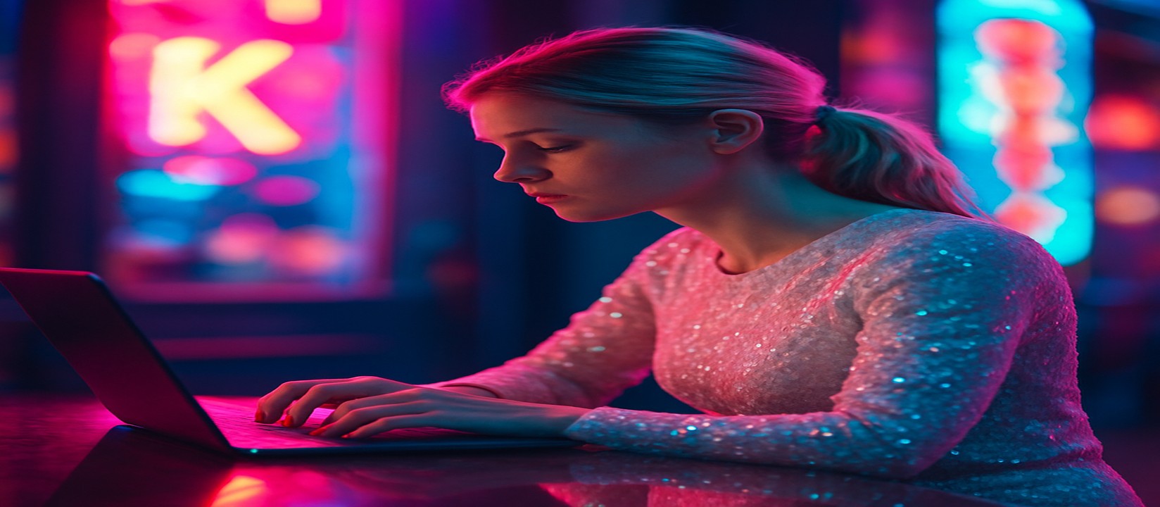 নিয়ন আলোয় জ্বলন্ত কক্ষের ল্যাপটপে এভিয়েটর গেম খেলছেন এক নারী, gk22