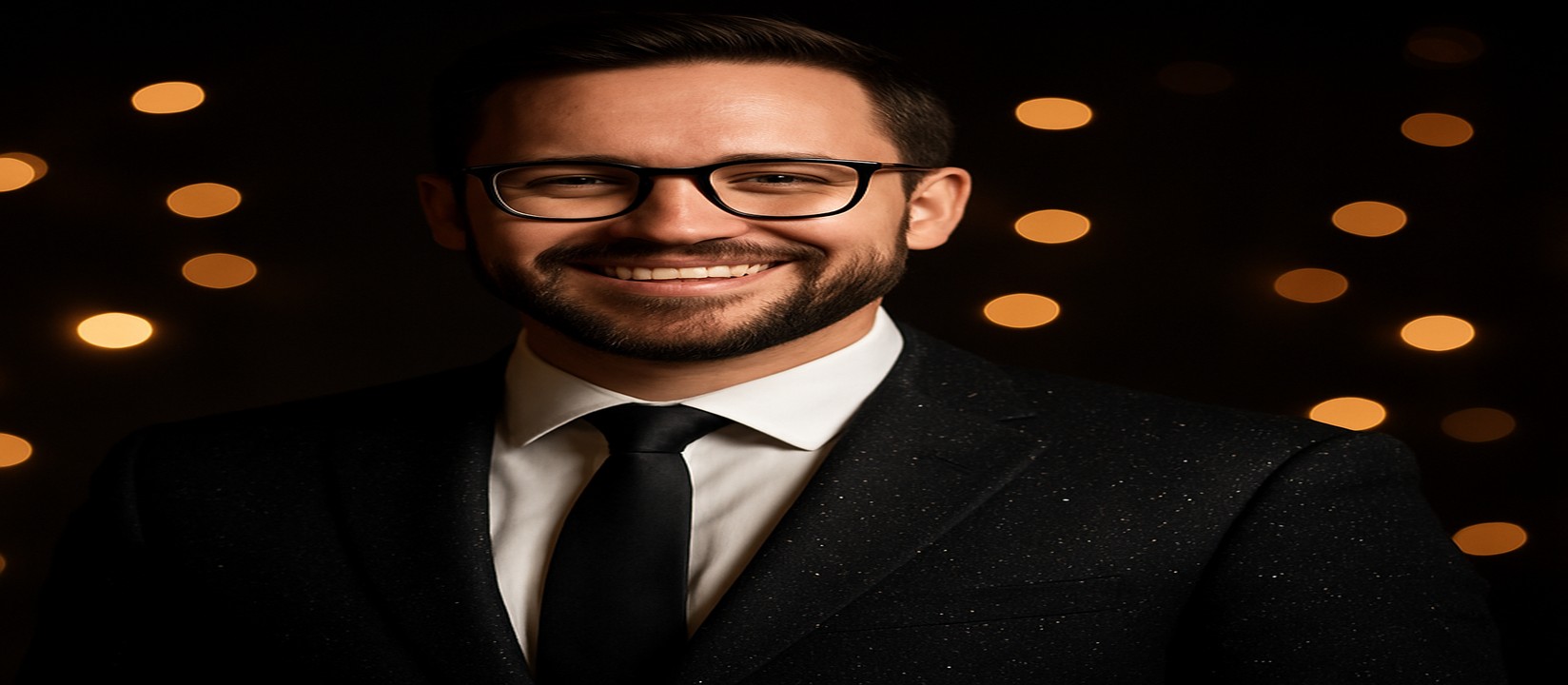 কালো স্যুট পরা একজন আত্মবিশ্বাসী ব্যক্তি, চারপাশে ছড়িয়ে আছে সোনালি আলো, gk22
