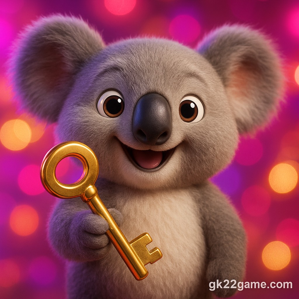উজ্জ্বল গেমিং পটভূমিতে সোনালি চাবি হাতে খুশি চরিত্র