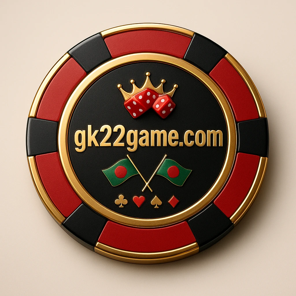 gk22 লোগোর সঙ্গে সোনালি গেমিং প্ল্যাটফর্মের চিপ, মুকুট, পাশা, তারা, বাংলাদেশের পতাকা ও কার্ডের চিহ্নসমূহ উপস্থিত