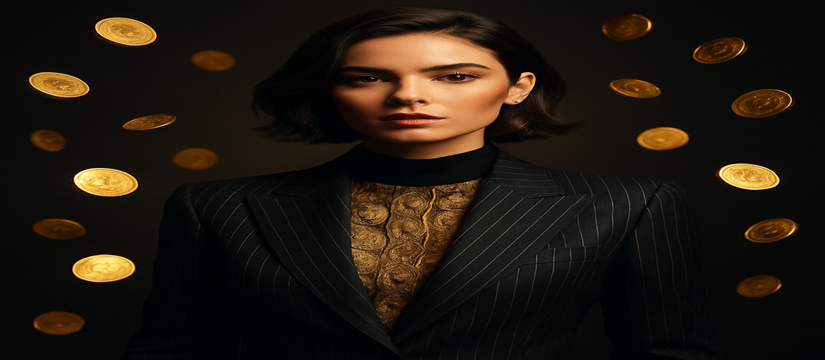 gk22 কালো ডোরাকাটা পোশাকে এক নারী, চারপাশে ছড়িয়ে থাকা সোনালি কয়েন