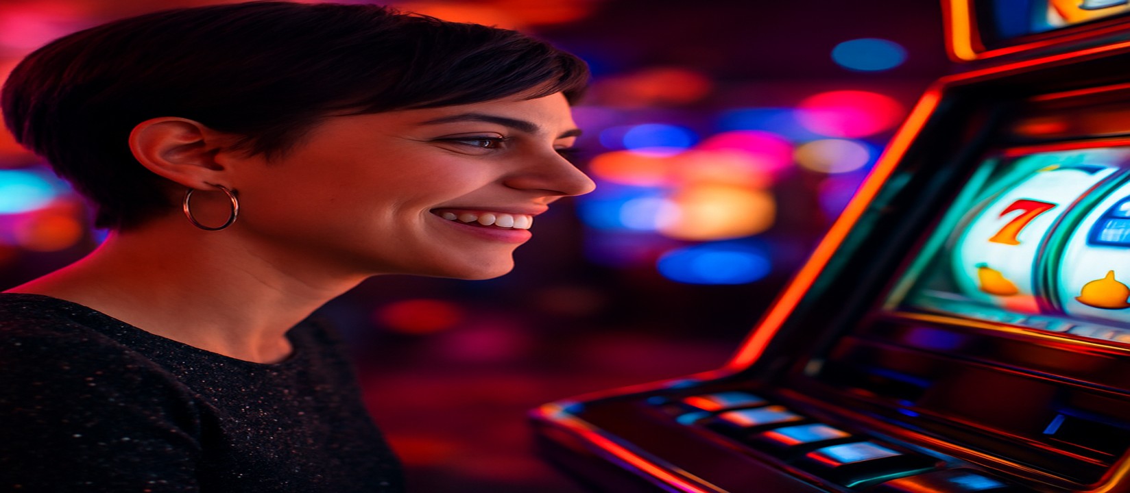 রঙিন আলোয় gk22-র আর্কেড গেম খেলার মুহূর্তে হাসিখুশি নারী